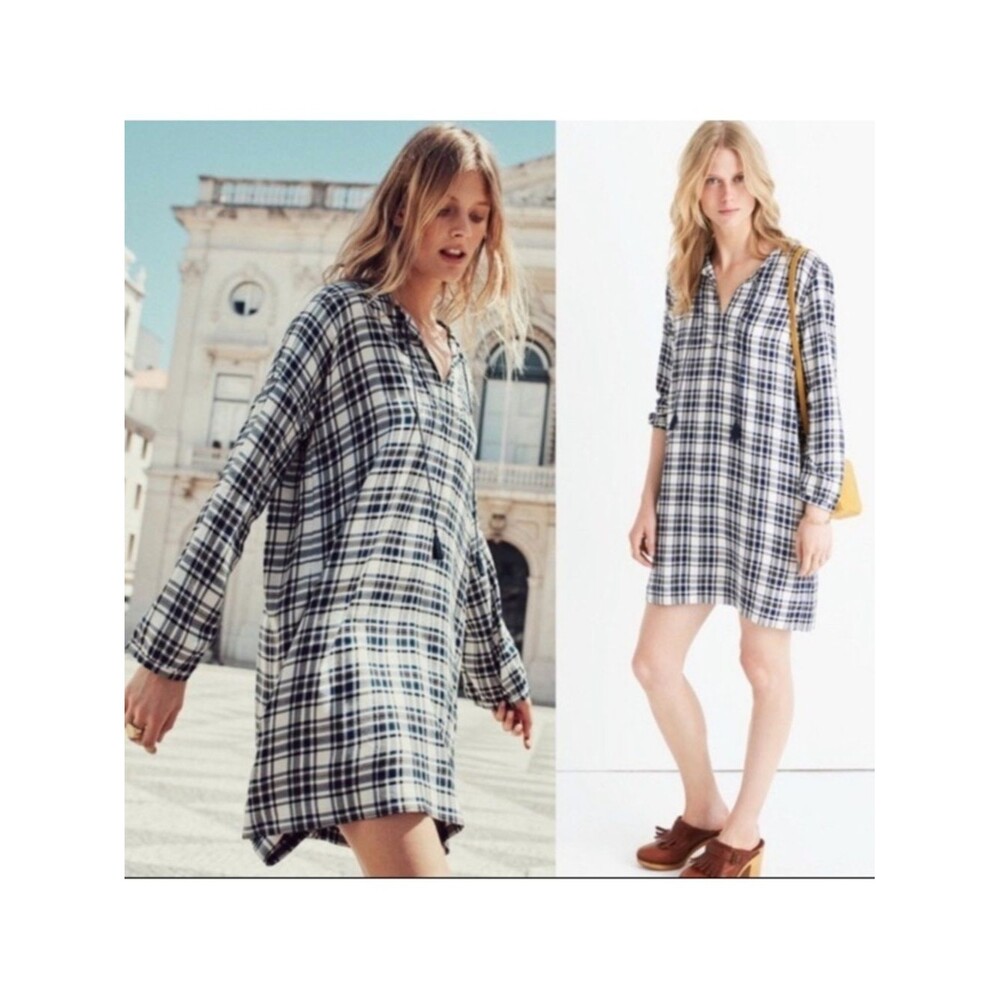 Madewell Artiste Dress Tunic Tassles Dark Blue White Plaid Size S